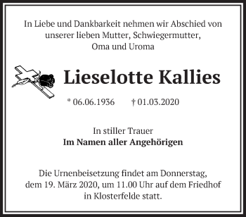 Traueranzeige von Lieselotte Kallies von Märkische Oderzeitung