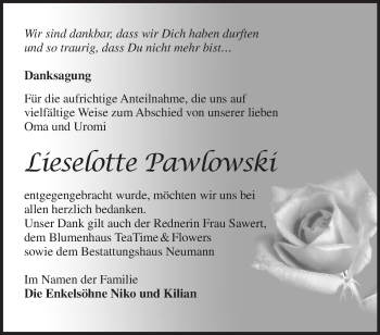 Traueranzeige von Lieselotte Pawlowski von Märkische Oderzeitung