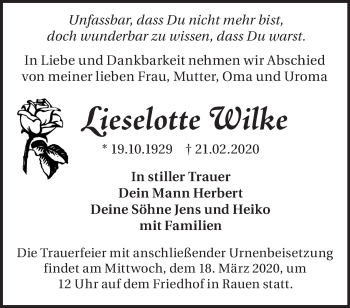 Traueranzeige von Lieselotte Wilke von Märkische Oderzeitung