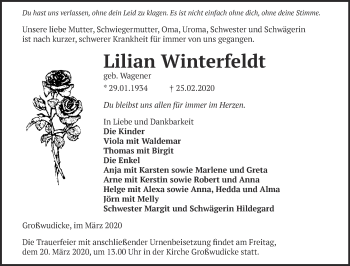 Traueranzeige von Lilian Winterfeldt von Märkische Oderzeitung