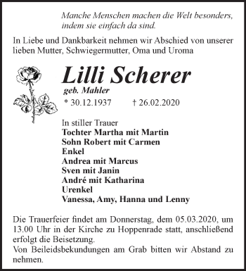 Traueranzeige von Lilli Scherer von Märkische Oderzeitung