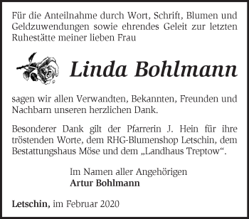 Traueranzeige von Linda Bohlmann von Märkische Oderzeitung