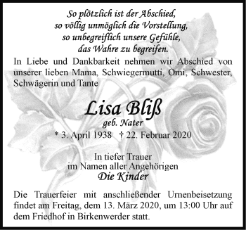 Traueranzeige von Lisa Bliß von Märkische Oderzeitung