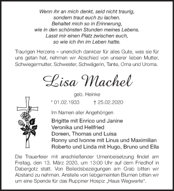 Traueranzeige von Lisa Machel von Märkische Oderzeitung