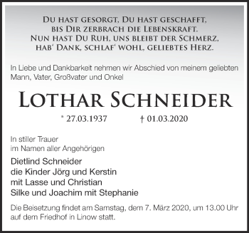 Traueranzeige von Lothar Schneider von Märkische Oderzeitung