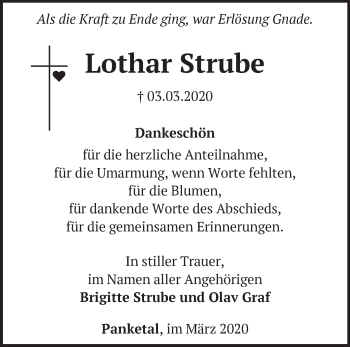 Traueranzeige von Lothar Strube von Märkische Oderzeitung