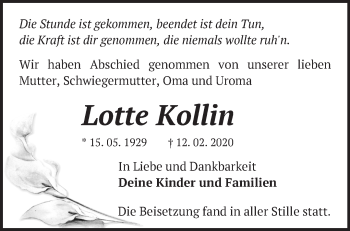 Traueranzeige von Lotte Kollin von Märkische Oderzeitung