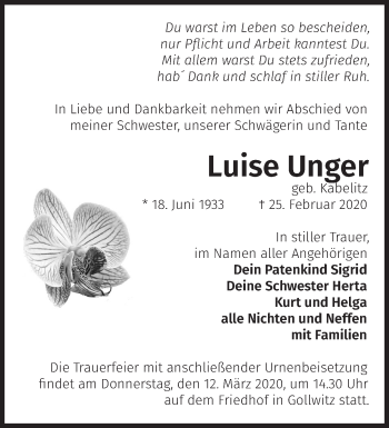 Traueranzeige von Luise Unger von Märkische Oderzeitung