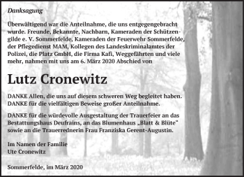 Traueranzeige von Lutz Cronewitz von Märkische Oderzeitung