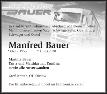 Traueranzeige von Manfred Bauer von Märkische Oderzeitung