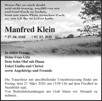 Traueranzeige von Manfred Klein von Märkische Oderzeitung