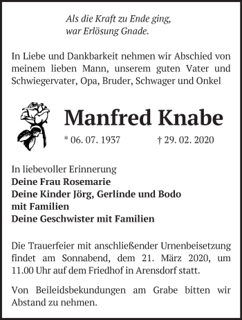 Traueranzeige von Manfred Knabe von Märkische Oderzeitung