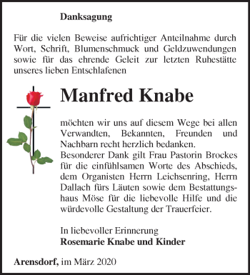 Traueranzeige von Manfred Knabe von Märkische Oderzeitung