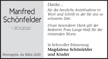 Traueranzeige von Manfred Schönfelder von Märkische Oderzeitung