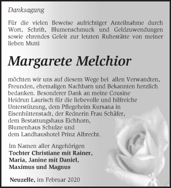 Traueranzeige von Margarete Melchior von Märkische Oderzeitung