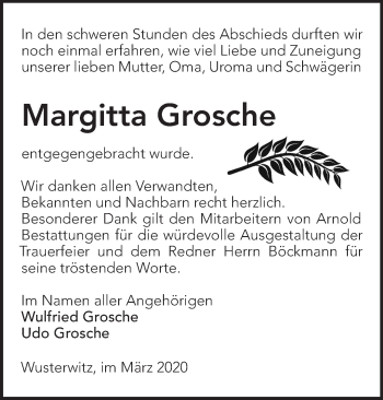 Traueranzeige von Margitta Grosche von Märkische Oderzeitung