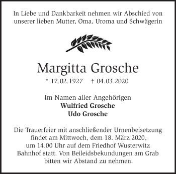 Traueranzeige von Margitta Grosche von Märkische Oderzeitung