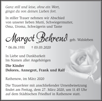 Traueranzeige von Margot Behrend von Märkische Oderzeitung