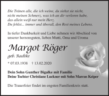 Traueranzeige von Margot Röger von Märkische Oderzeitung