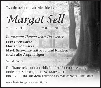 Traueranzeige von Margot Sell von Märkische Oderzeitung