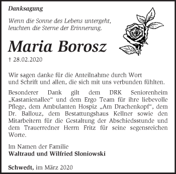 Traueranzeige von Maria Borosz von Märkische Oderzeitung