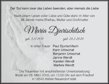 Traueranzeige von Maria Djurischitsch von Märkische Oderzeitung