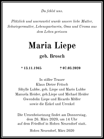 Traueranzeige von Maria Liepe von Märkische Oderzeitung