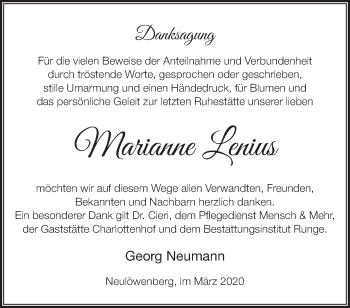 Traueranzeige von Marianne Lenius von Märkische Oderzeitung