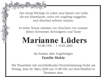 Traueranzeige von Marianne Lüders von Märkische Oderzeitung