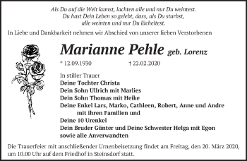 Traueranzeige von Marianne Pehle von Märkische Oderzeitung