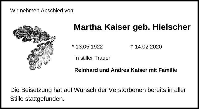  Traueranzeige für Martha Kaiser vom 07.03.2020 aus Märkische Oderzeitung