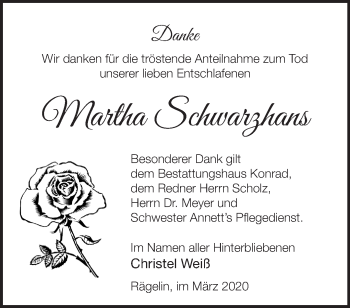 Traueranzeige von Martha Schwarzhans von Märkische Oderzeitung