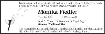Traueranzeige von Monika Fiedler von Märkische Oderzeitung