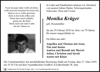 Traueranzeige von Monika Krüger von Märkische Oderzeitung