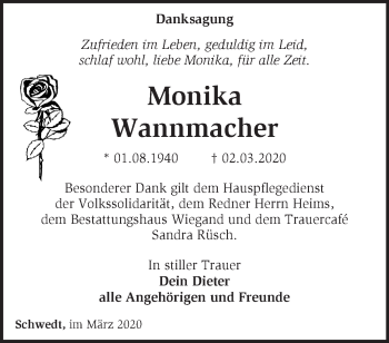 Traueranzeige von Monika Wannmacher von Märkische Oderzeitung