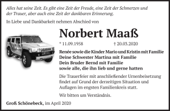 Traueranzeige von Norbert Maaß von Märkische Oderzeitung