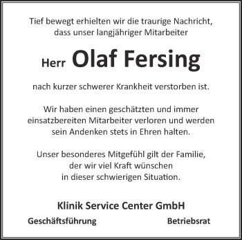 Traueranzeige von Olaf Fersing von Märkische Oderzeitung