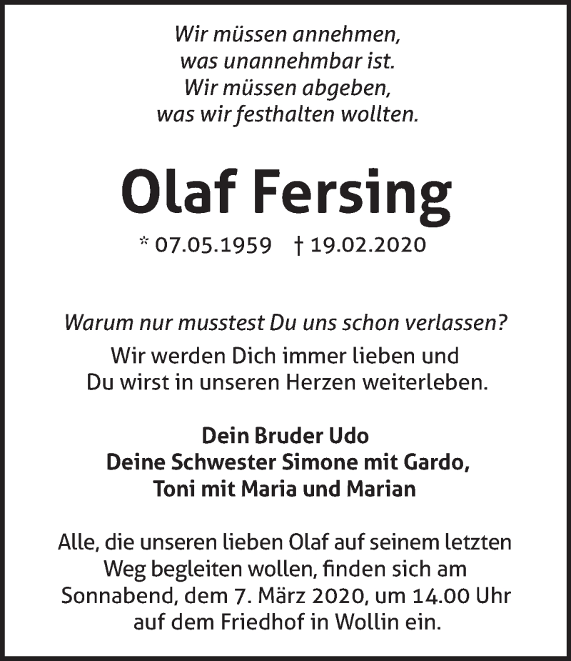  Traueranzeige für Olaf Fersing vom 01.03.2020 aus Märkische Oderzeitung