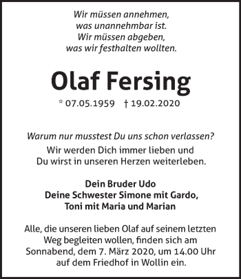 Traueranzeige von Olaf Fersing von Märkische Oderzeitung