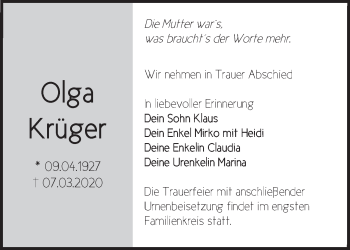 Traueranzeige von Olga Krüger von Märkische Oderzeitung