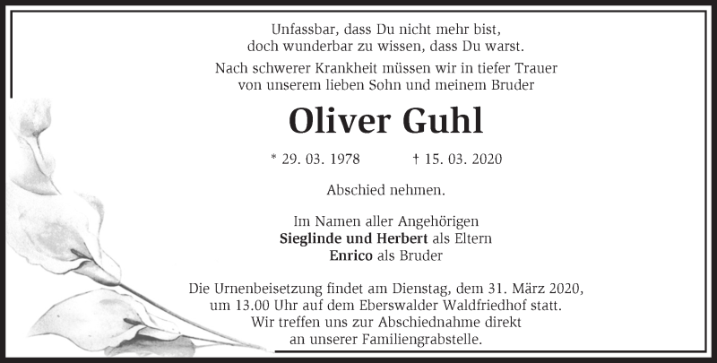 Traueranzeige für Oliver Guhl vom 22.03.2020 aus Märkische Oderzeitung