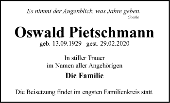 Traueranzeige von Oswald Pietschmann von Märkische Oderzeitung