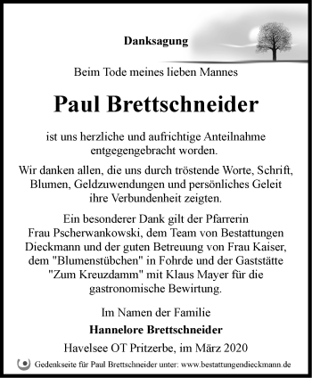 Traueranzeige von Paul Brettschneider von Märkische Oderzeitung