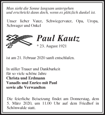 Traueranzeige von Paul Kautz von Märkische Oderzeitung