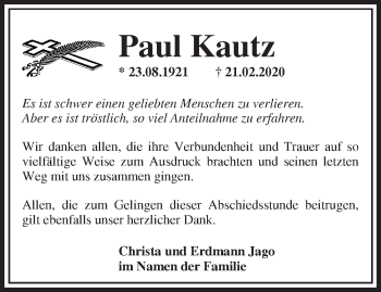 Traueranzeige von Paul Kautz von Märkische Oderzeitung