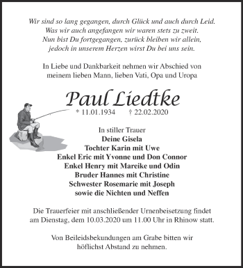 Traueranzeige von Paul Liedtke von Märkische Oderzeitung