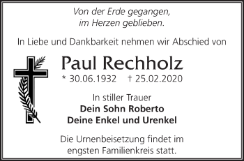 Traueranzeige von Paul Rechholz von Märkische Oderzeitung