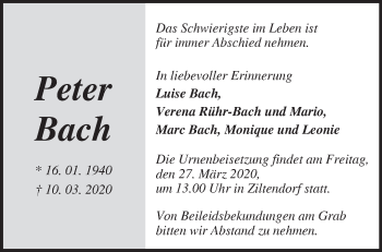 Traueranzeige von Peter Bach von Märkische Oderzeitung