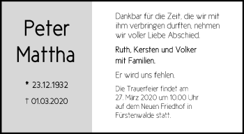 Traueranzeige von Peter Mattha von Märkische Oderzeitung