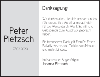 Traueranzeige von Peter Pietzsch von Märkische Oderzeitung